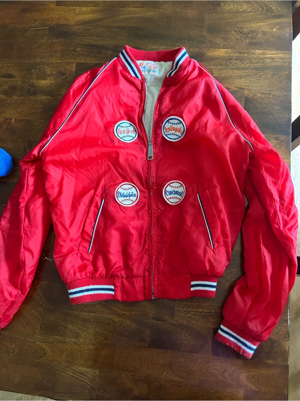 Vintage BATTER UP Red Kids Baseball Patch Bomber Jacket 14